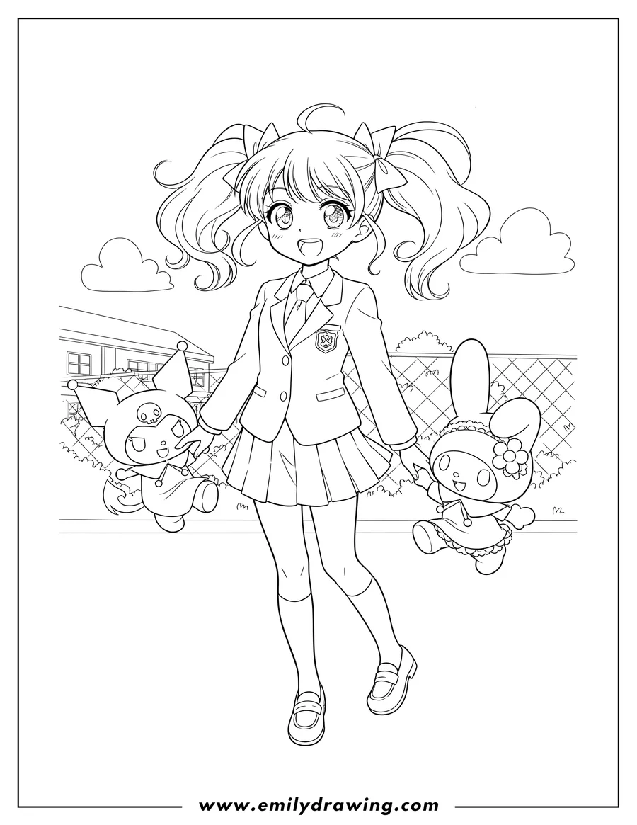 High quality printable smiling Uta Yumeno in a school uniform with floating Kuromi and My Melody for coloring