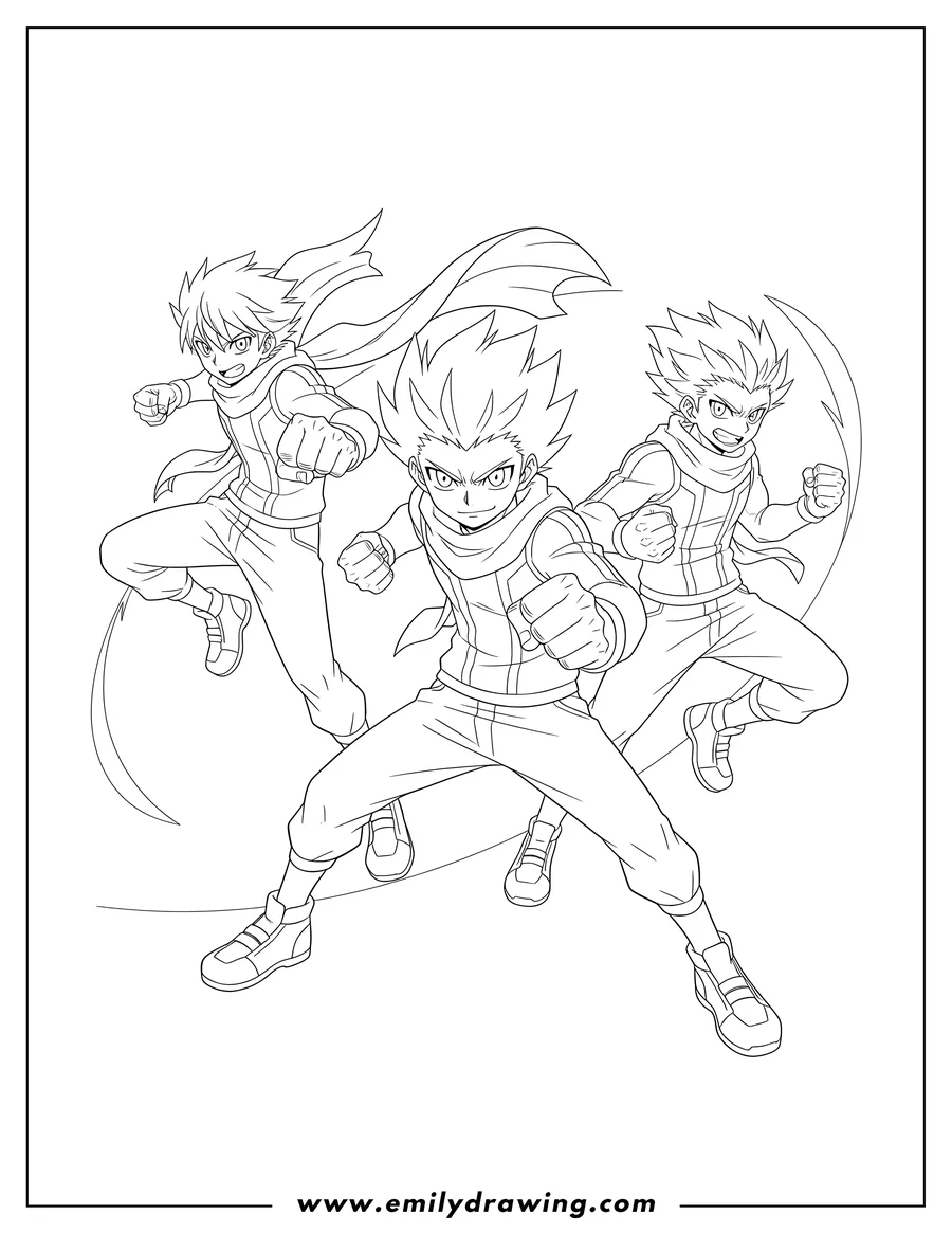 Simple sketch of valt Shu Free And Aiger in action poses, clenching fists to color