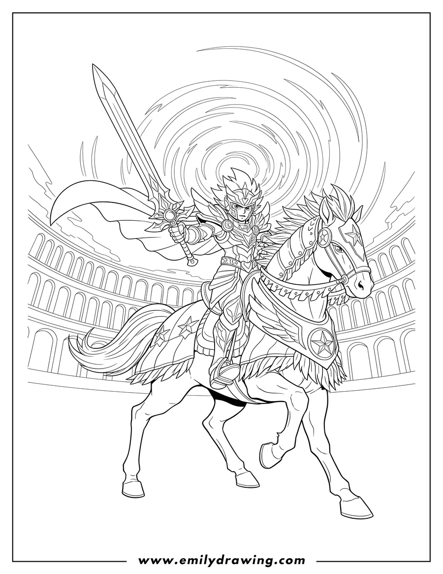Coloring page for kids: detailed Beyblade Burst Turbo Valtryek warrior riding an armored steed and holding a sword