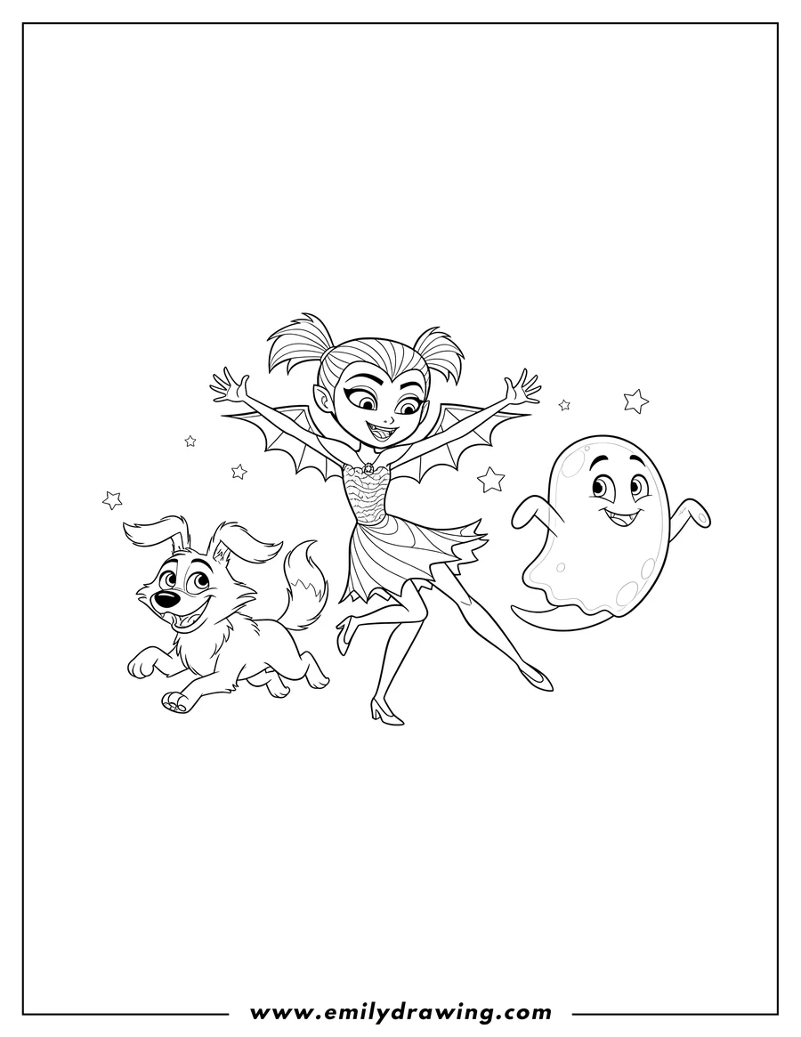 High quality printable vampirina joyfully dancing, with Wolfie running and Demi floating happily alongside her for coloring