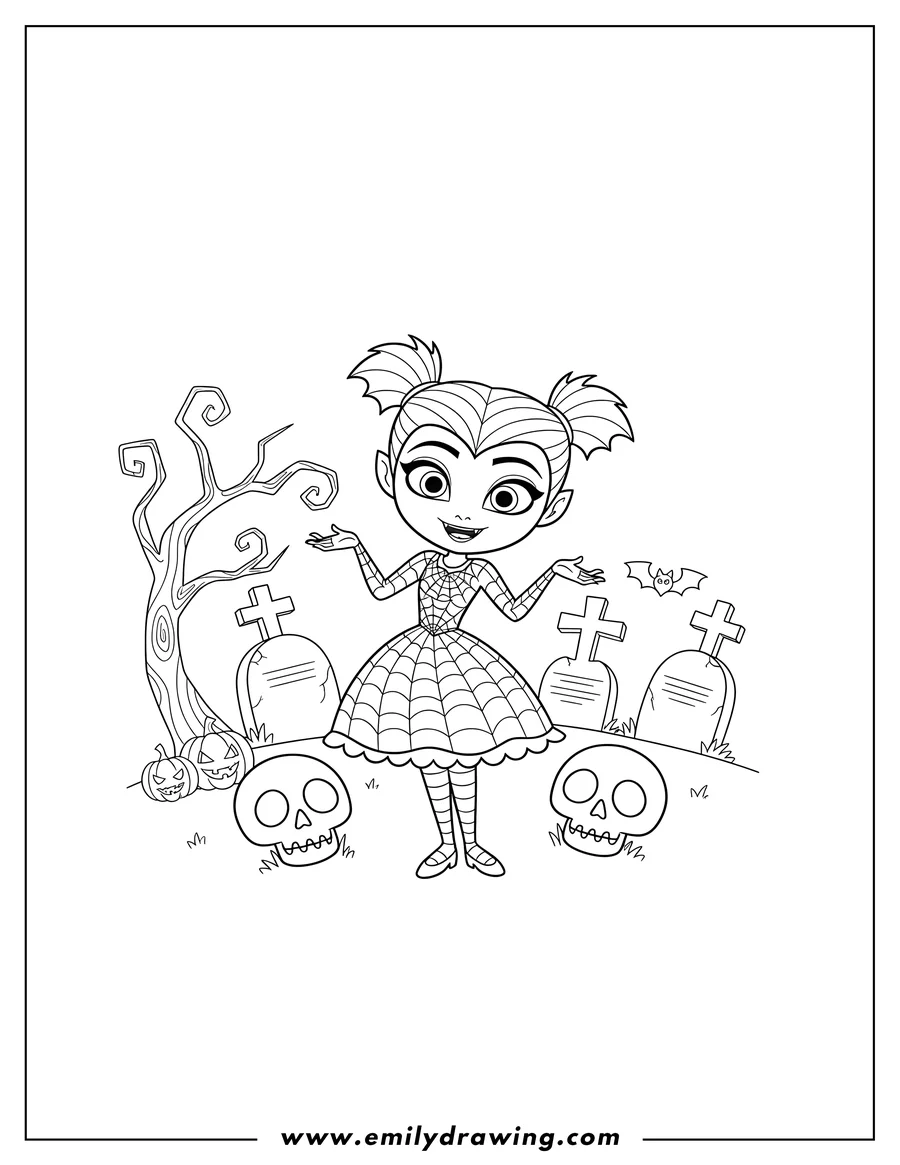 Doodle style coloring picture of vampirina standing and smiling in her spiderweb dress in a cemetery with skulls