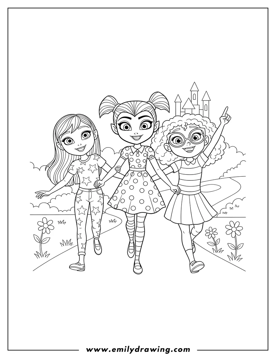 Doodle style coloring picture of vampirina, Bridget, and Poppy smiling and walking together arm-in-arm, with Bridget pointing up