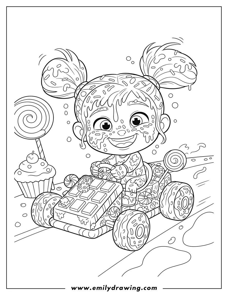Coloring page for kids: vanellope Driving Candy Kart, smiling, covered in icing and sprinkles