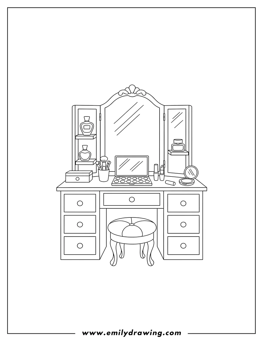Outline drawing of vanity Desk with Drawers, Shelves, and a Three-Panel Mirror, with Make Up Set On Top