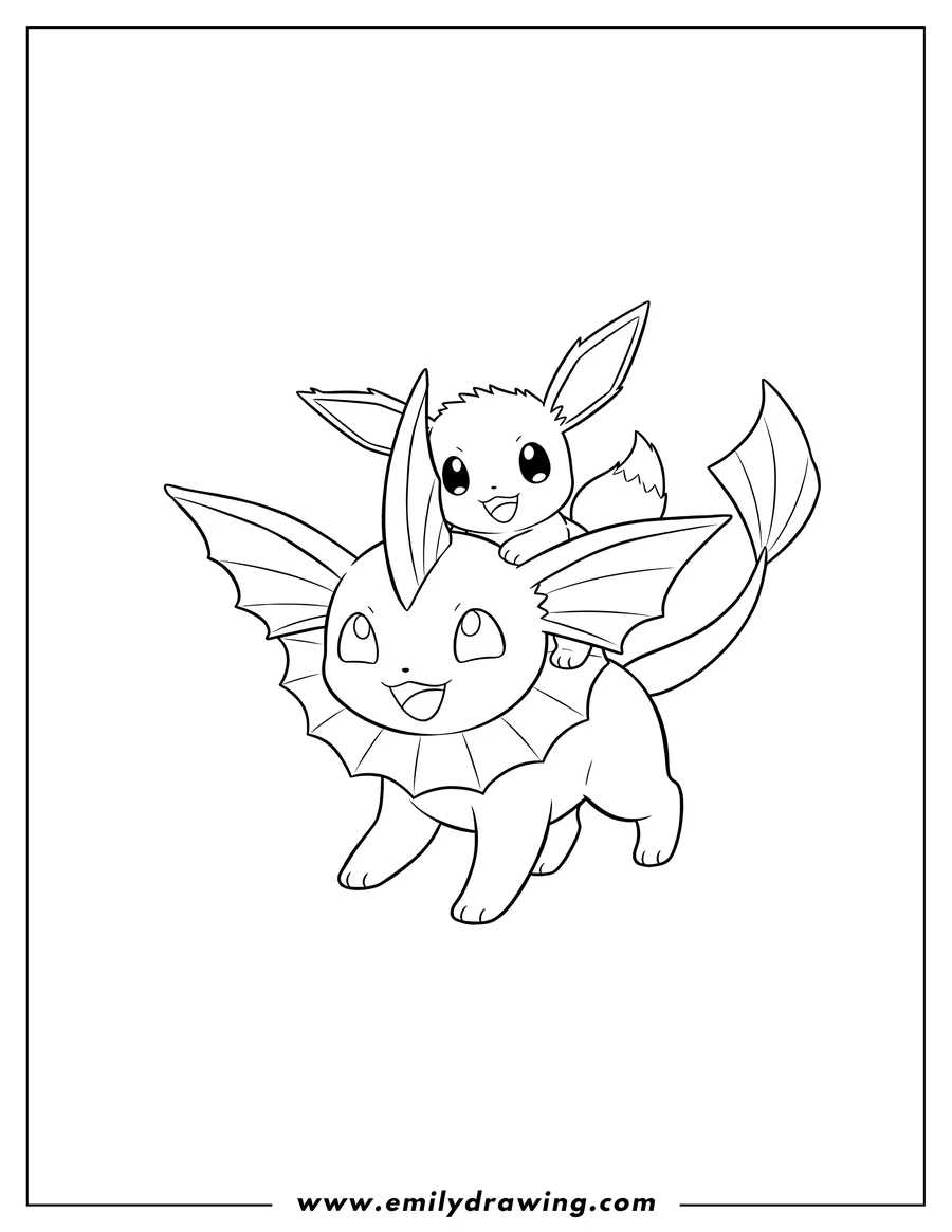 Coloring sheet featuring vaporeon carrying baby Eevee on its back, both smiling