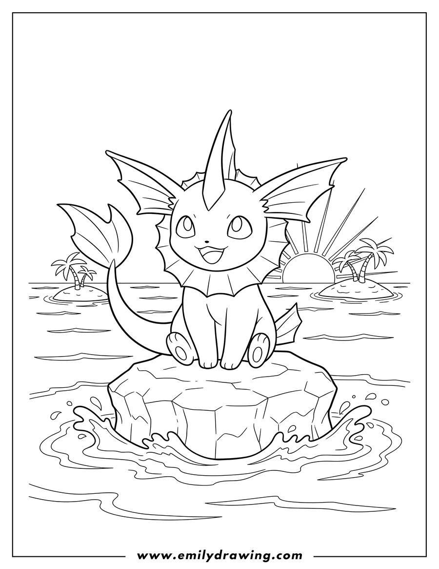 Coloring page for kids: vaporeon happily sitting on a rock in the ocean