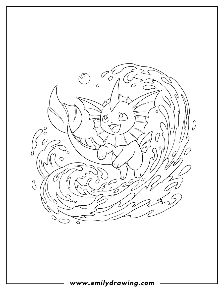 Downloadable coloring page of vaporeon Torrential Awakening Pokemon Card, smiling and jumping amidst water splashes