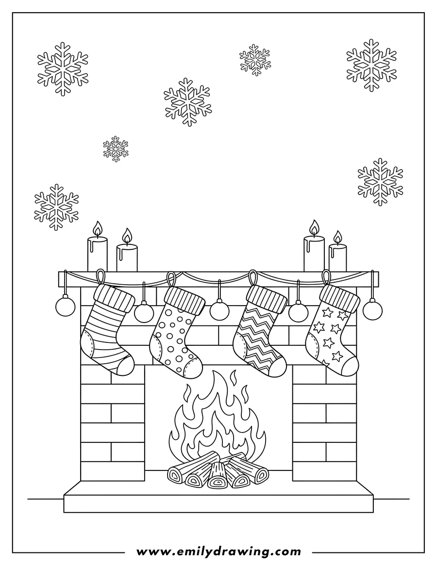 Outline drawing of christmas stockings with varied patterns hanging over a fireplace, featuring a warm fire, candles, and hanging ornaments