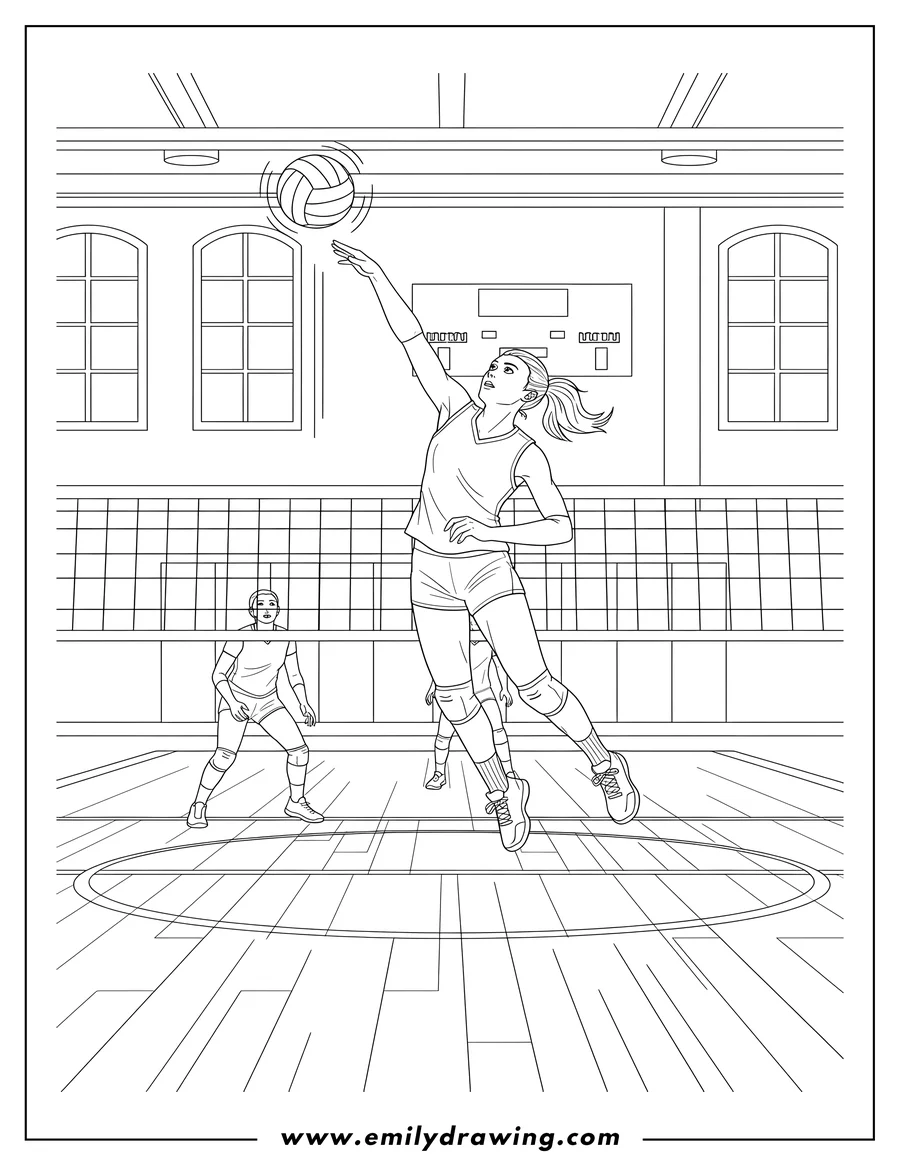 Coloring page of varsity volleyball players spiking the ball during an indoor game