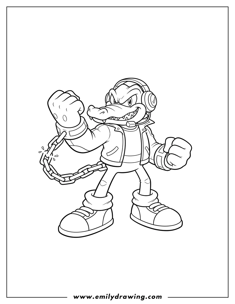 Downloadable coloring page of vector the Crocodile in a dynamic pose, with a chain, and a clenched fist