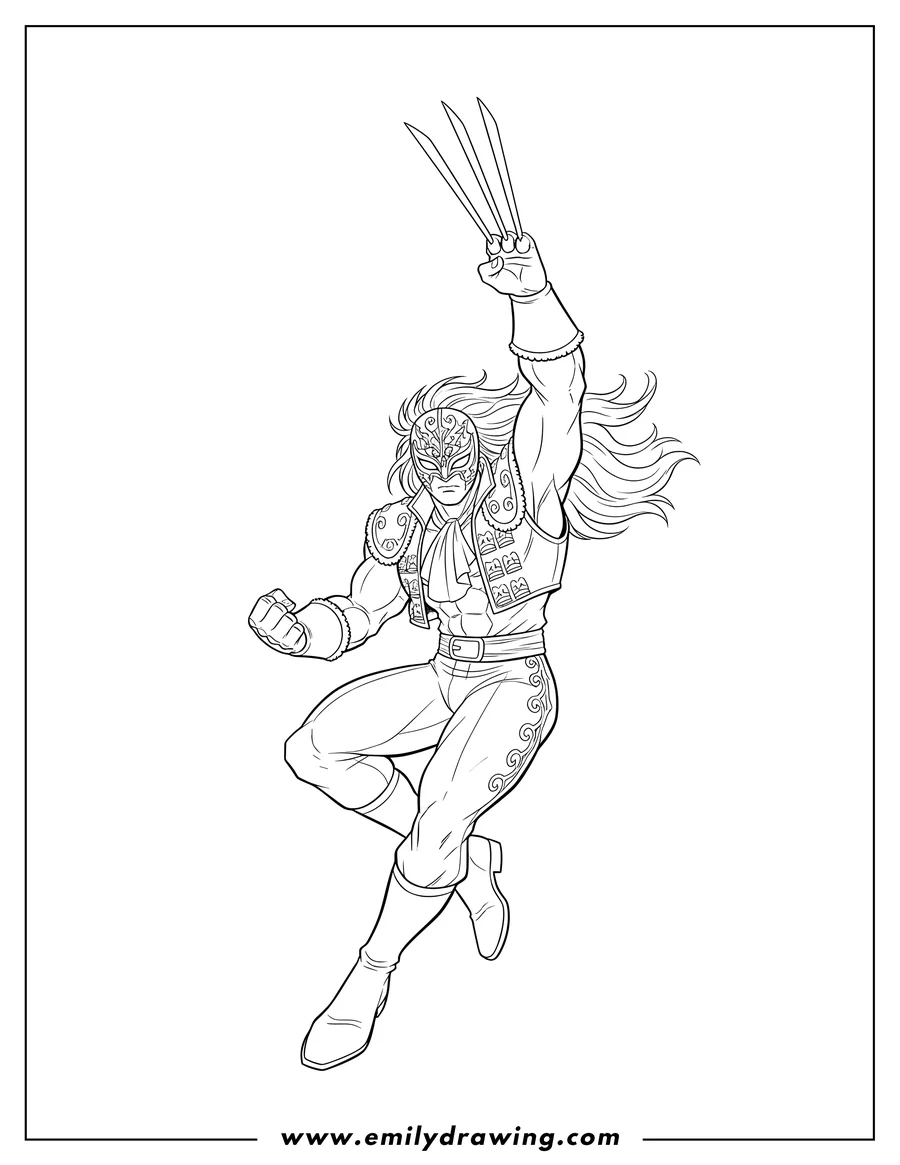 Outline drawing of street Fighter Vega, wearing a mask, holding his sharp blades up in a dynamic pose