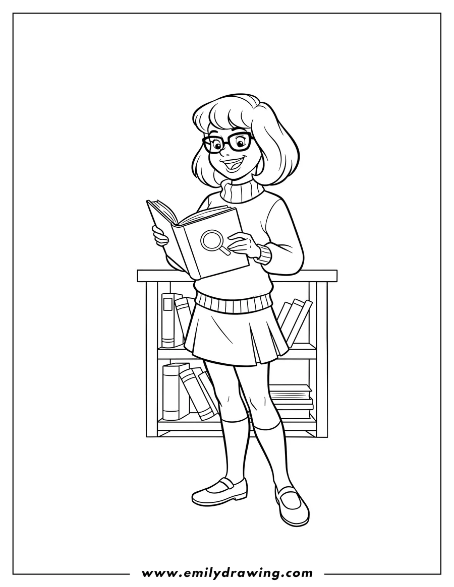 Simple sketch of velma from Scooby Doo holding a book and smiling to color