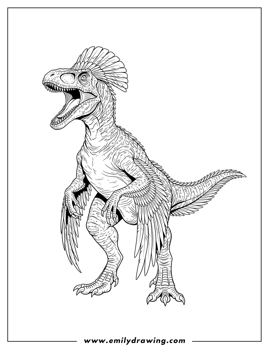 Coloring page of velociraptor With Feathers Scaled, standing with open mouth and a feathered head crest