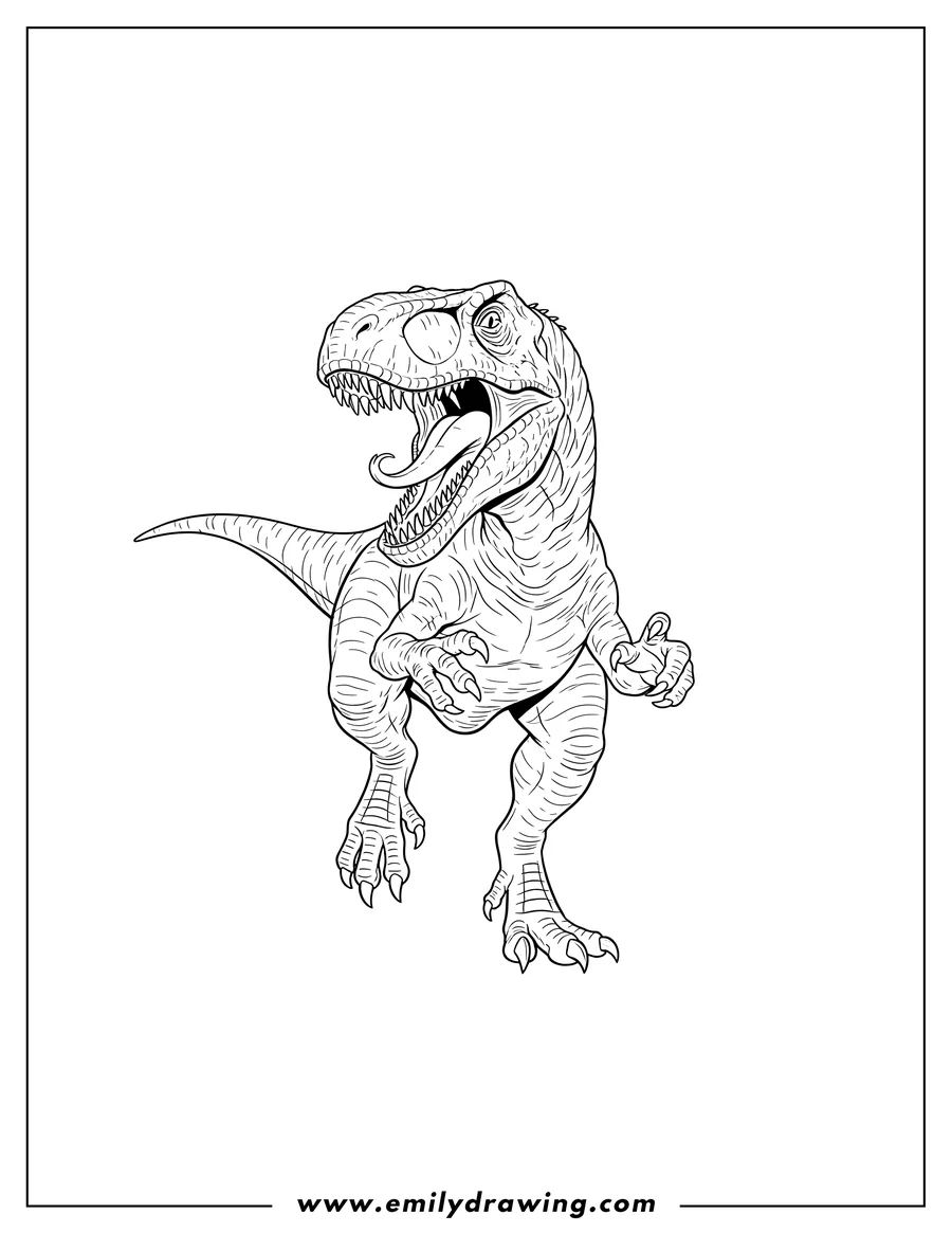 Clean line drawing: velociraptor with mouth wide open showing sharp teeth and tongue, front claws extended, lunging forward, for a scaled coloring page