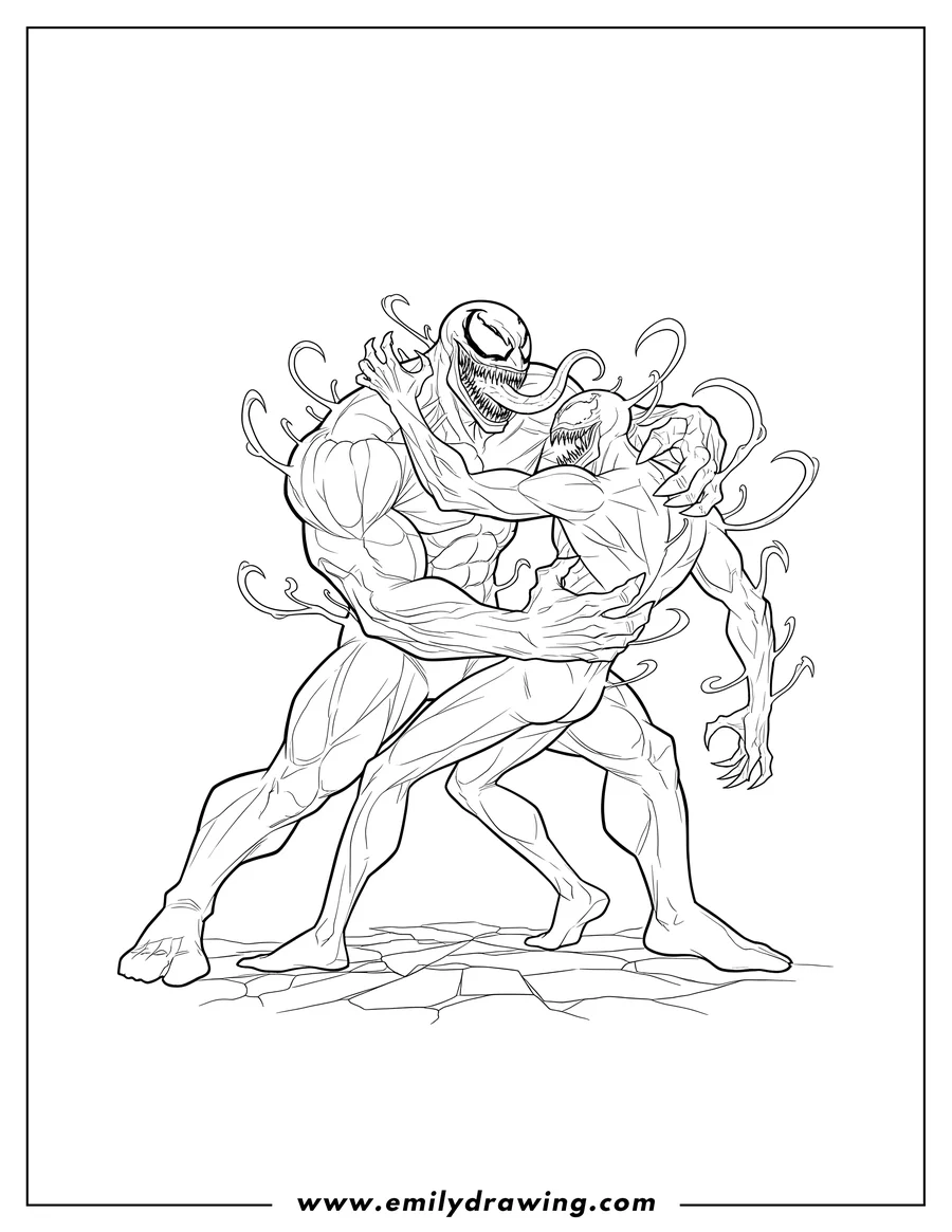 Free to print drawing of venom grappling Carnage with Venom's tongue out