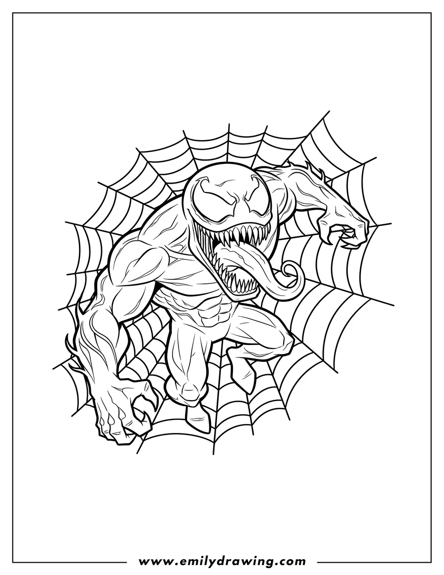 Full page coloring image of venom On Web, lunging with open mouth and sharp teeth