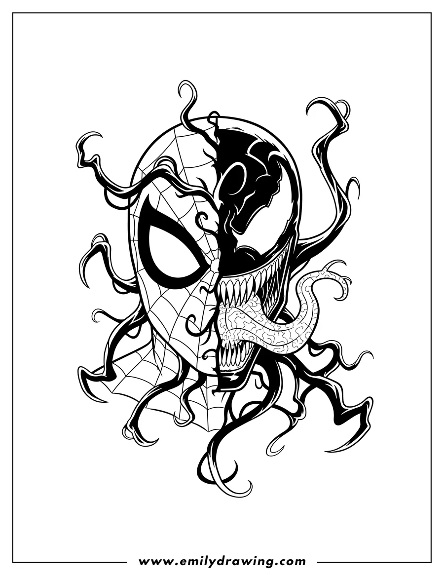Outline drawing of venom Taking Over Spider Man, split face with symbiotic tendrils