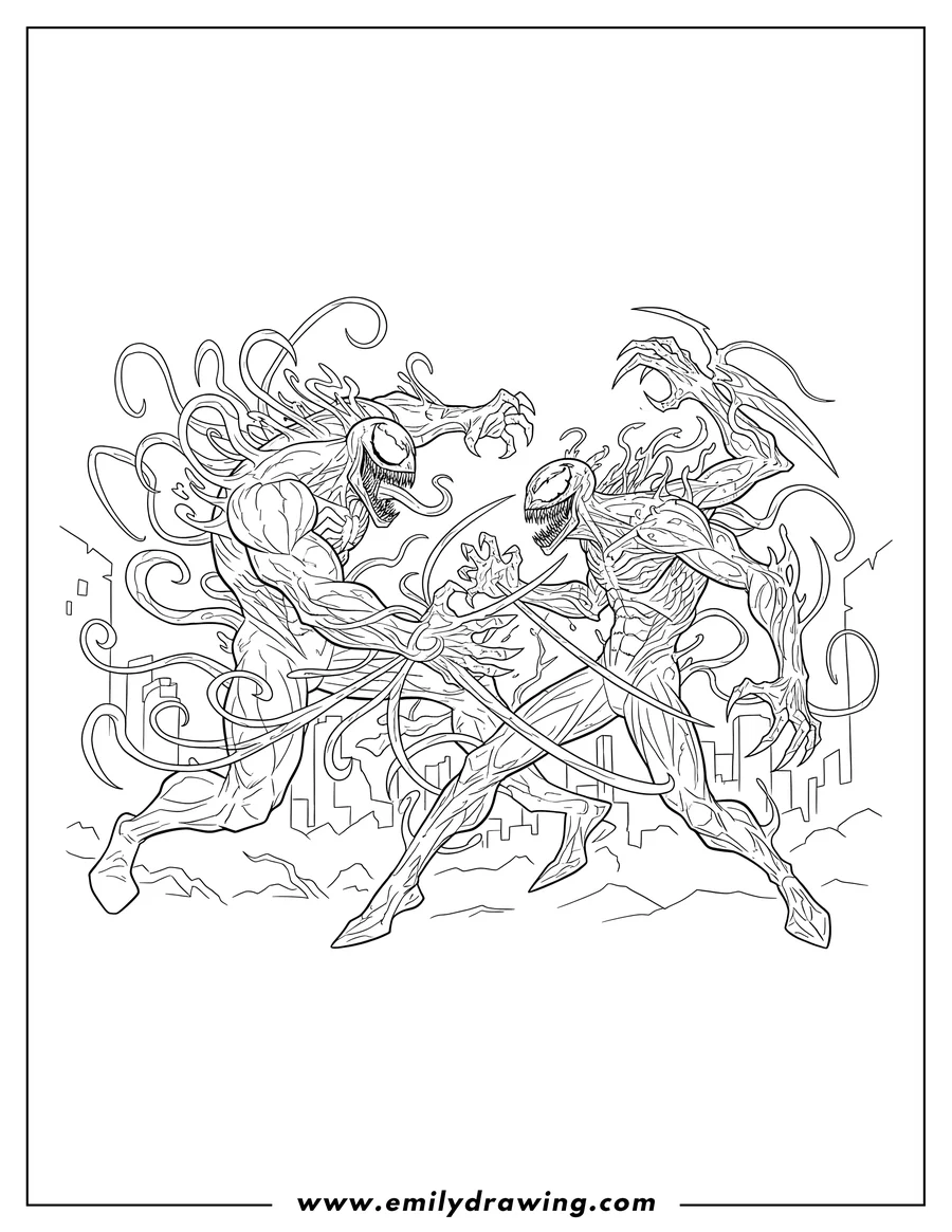 Downloadable coloring page of venom Vs Carnage, lunging and fighting with tendrils