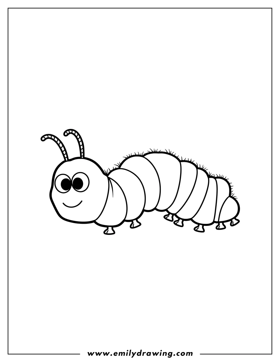 Coloring sheet featuring very Hungry Caterpillar, segmented and curved, with antennae