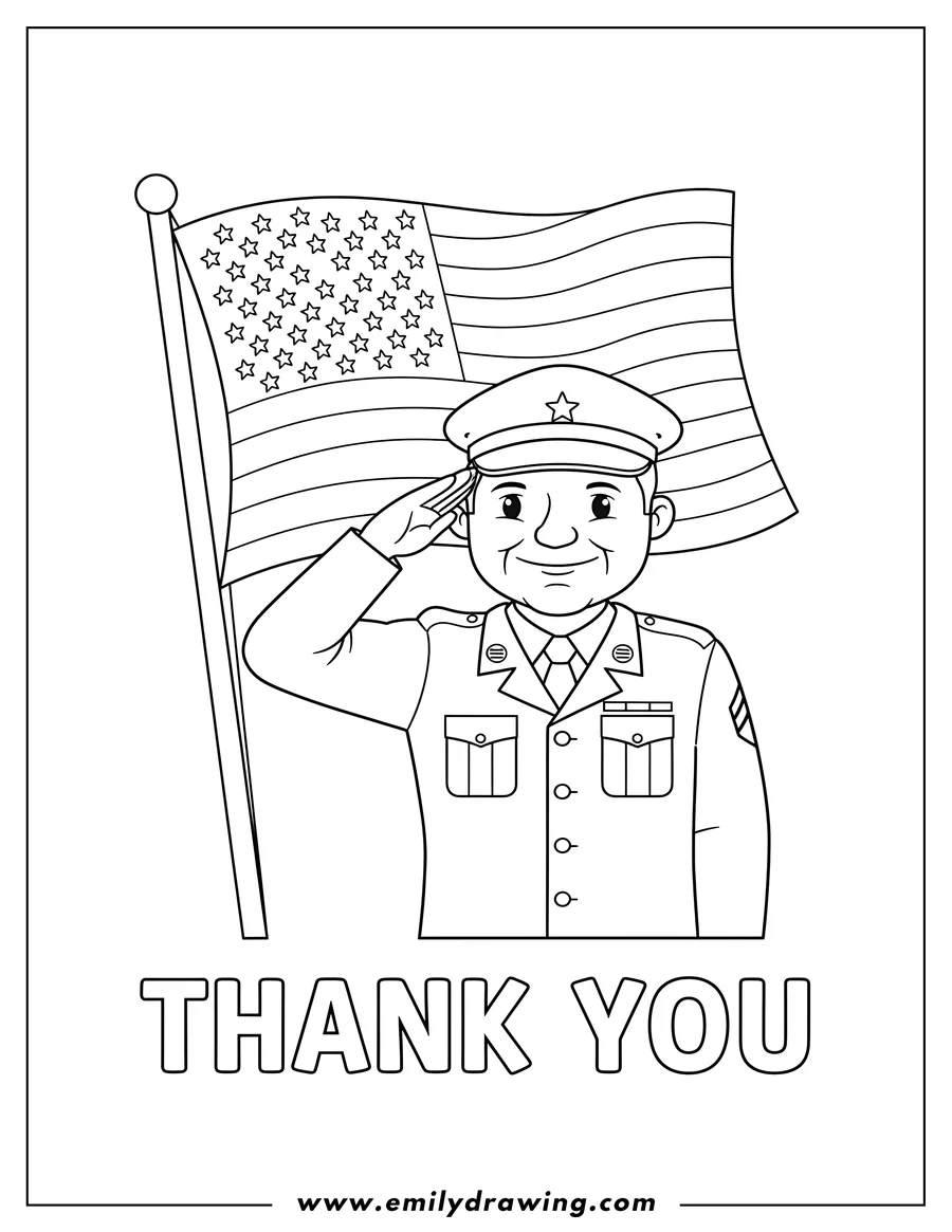 Free printable coloring sheet of veteran Soldier saluting with American Flag and 'THANK YOU' text