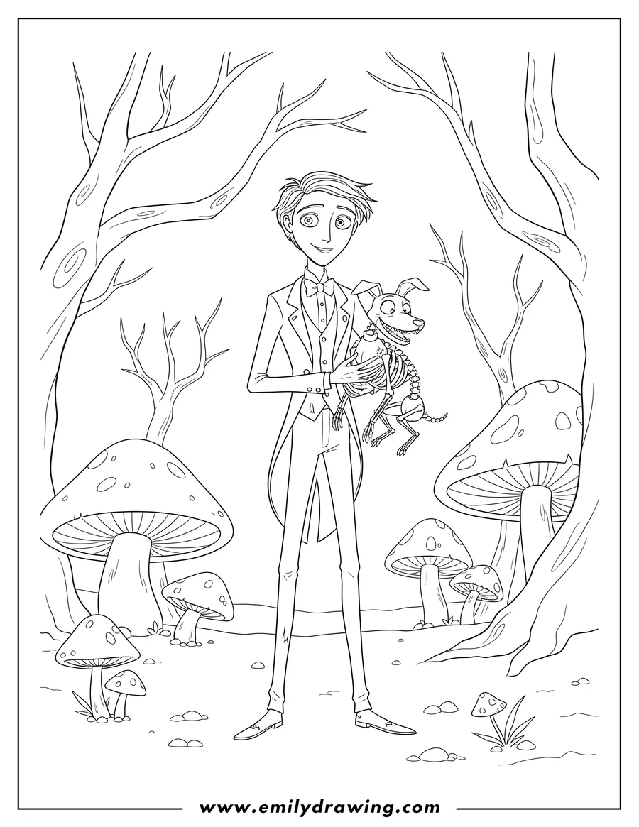 Coloring sheet featuring victor Van Dort With Scaps Woods, holding the skeleton dog