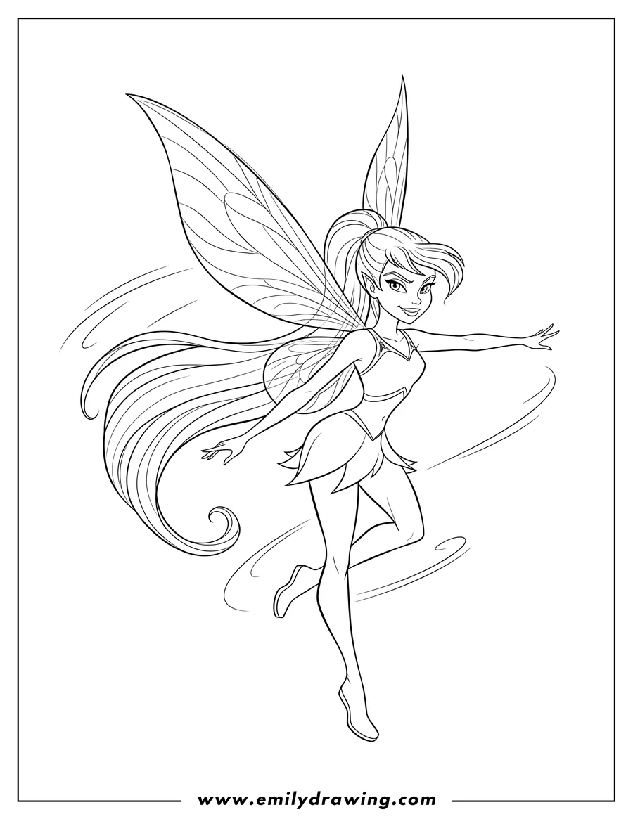 Downloadable coloring page of vidia fairy flying, smirking, with a long ponytail