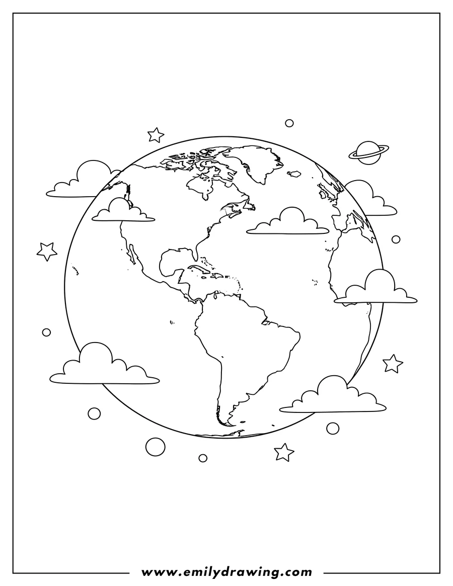 Black and white line art of view Earth From Space, showing North and South America with clouds