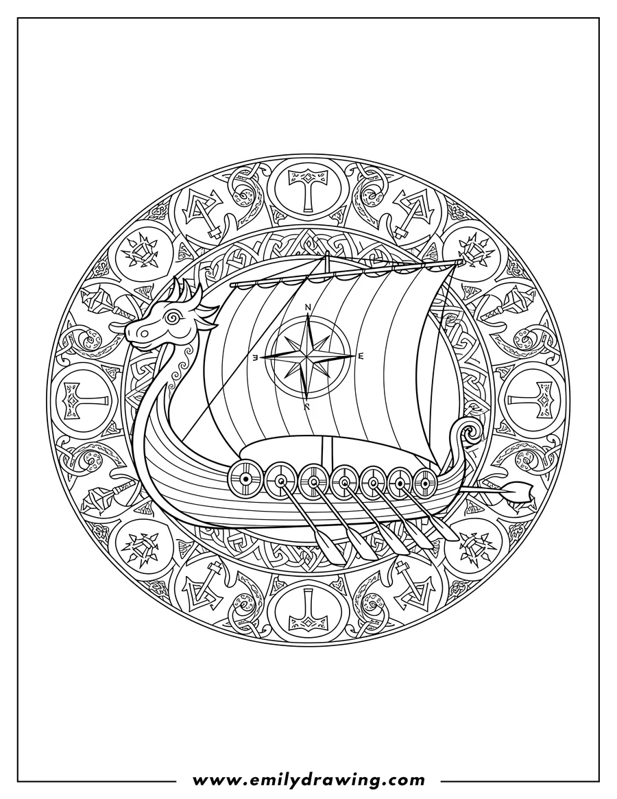 Coloring page of viking boat with a dragon head and sail, surrounded by symbols in a mandala