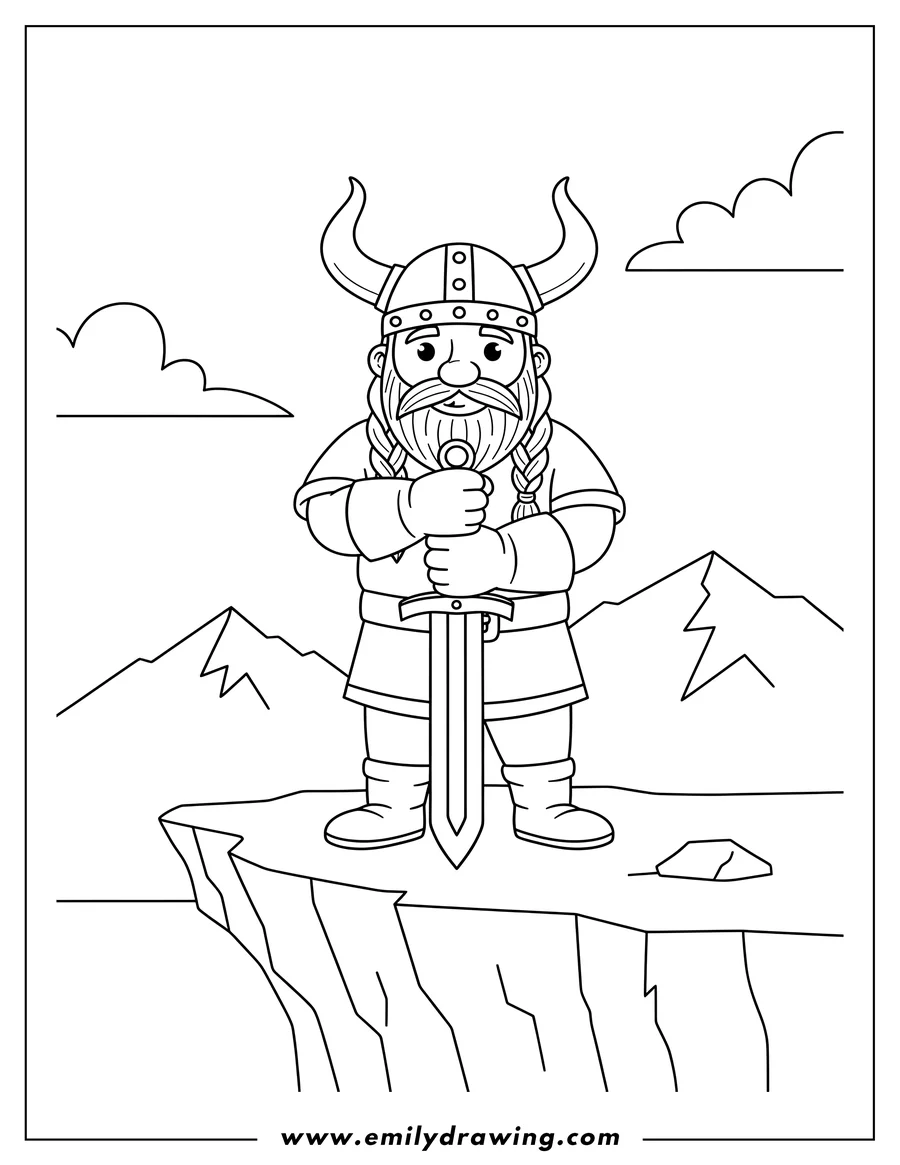 Vector style outline of viking in horned helmet holding a large sword vertically, standing on a cliff