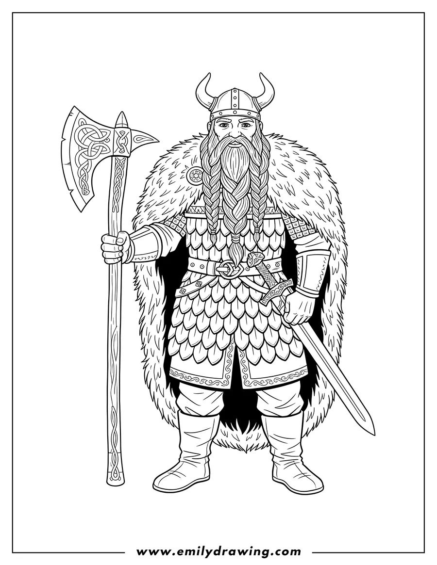 High quality printable viking man with a braided beard wearing a fur cloak and scale armor, holding a large axe and a sheathed sword for coloring