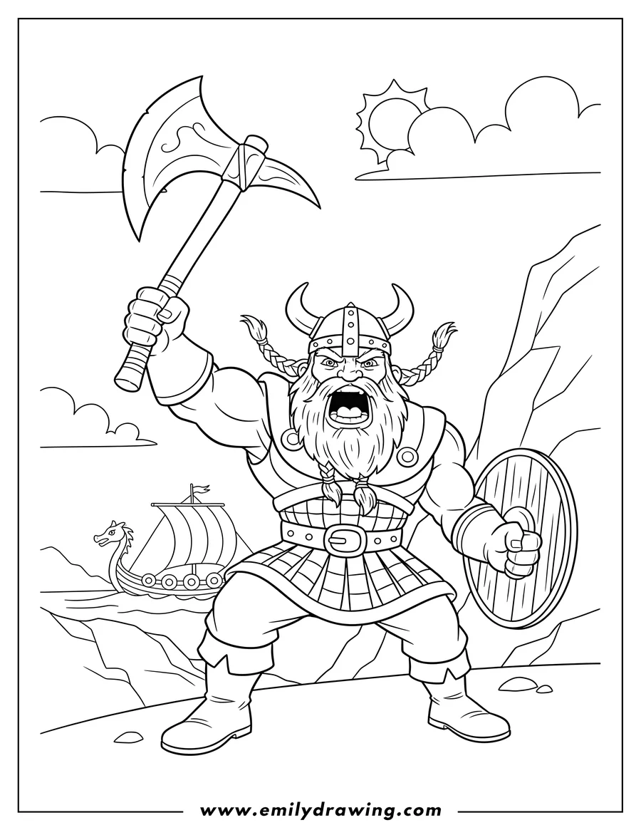 Coloring sheet featuring viking Middle Battle: Warrior roaring, with an axe and pointing