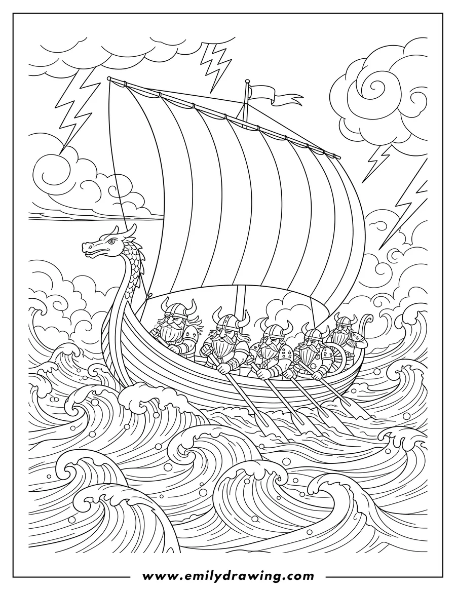 Printable coloring page of vikings rowing a longship with a large sail on a stormy sea