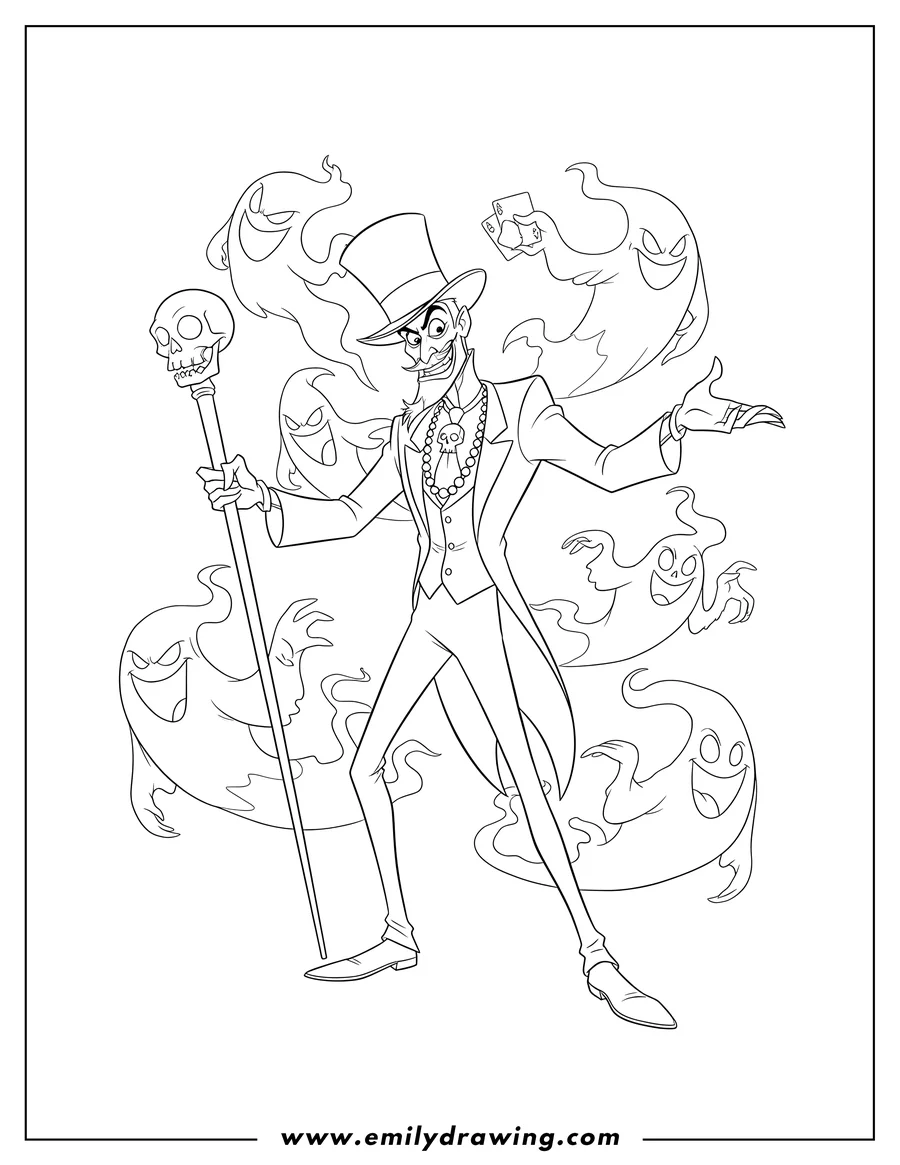 Outline drawing of princess And Frog Villain Dr. Facilier, holding his staff, extending a hand, and surrounded by shadowy spirits