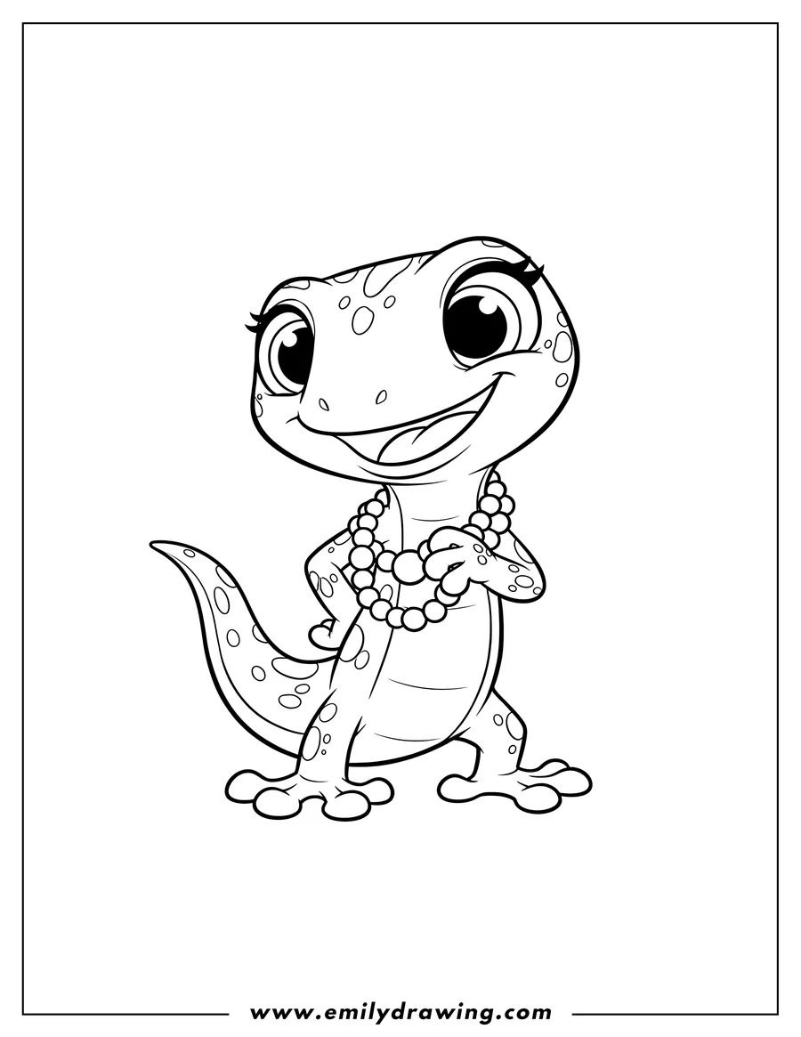 Printable line art of vinnie Terrio the gecko wearing a pearl necklace