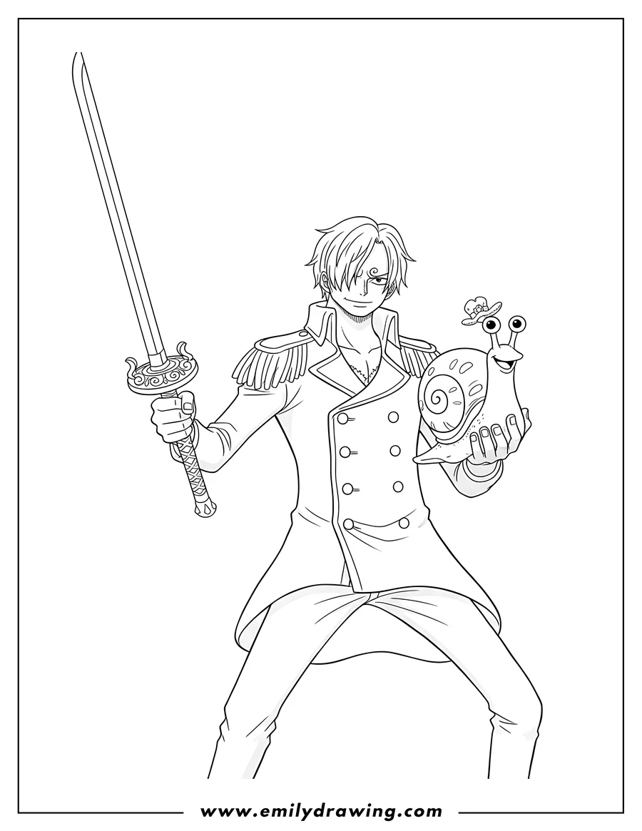 Linear illustration of vinsmoke Sanji wearing a military coat, holding a sword, with a snail friend