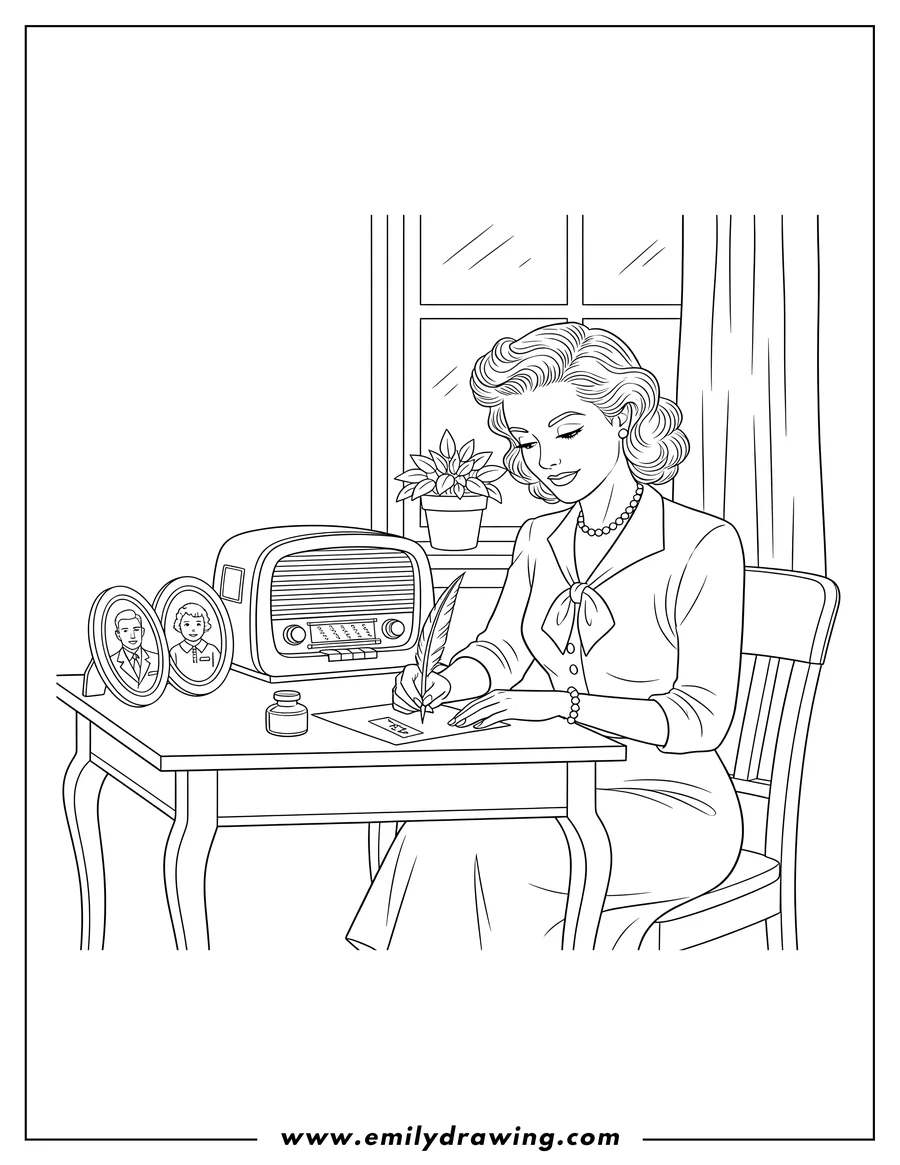 Free to print drawing of vintage 1940s woman with curly hair seated at a table, writing a letter, beside family photos and a radio