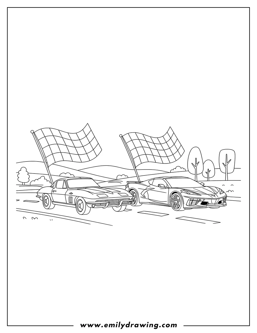 Coloring sheet featuring vintage and Modern Corvettes racing side-by-side with checkered flags
