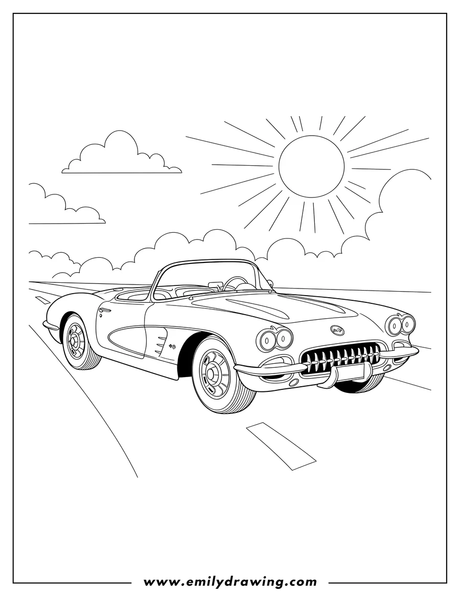 Doodle style coloring picture of vintage C1 Corvette convertible with the top down