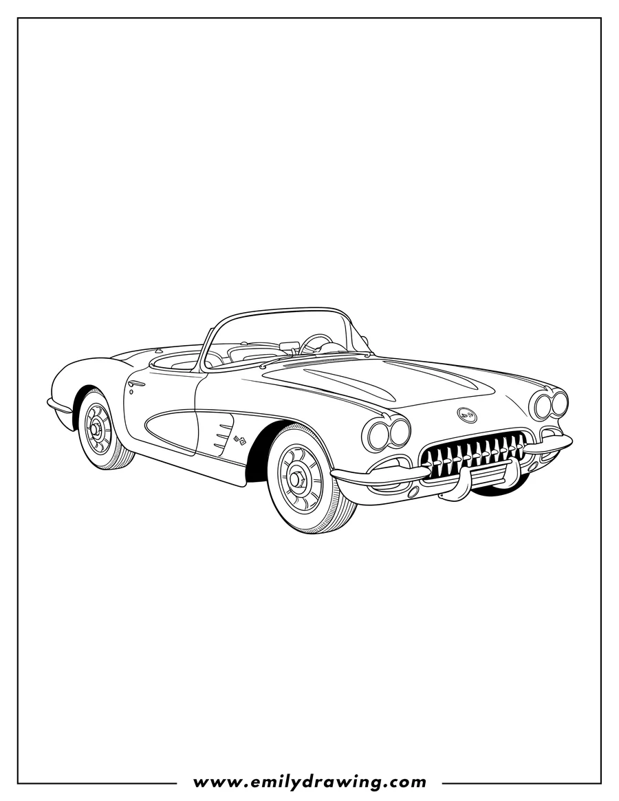 Printable line art of vintage Corvette Fuelie convertible, front-side view