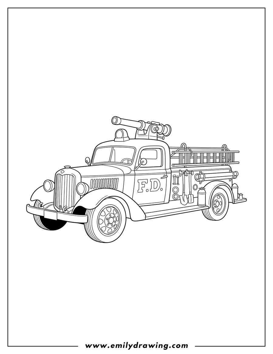 Coloring page of vintage Fire Truck with a water cannon on top, marked 'F.D.'