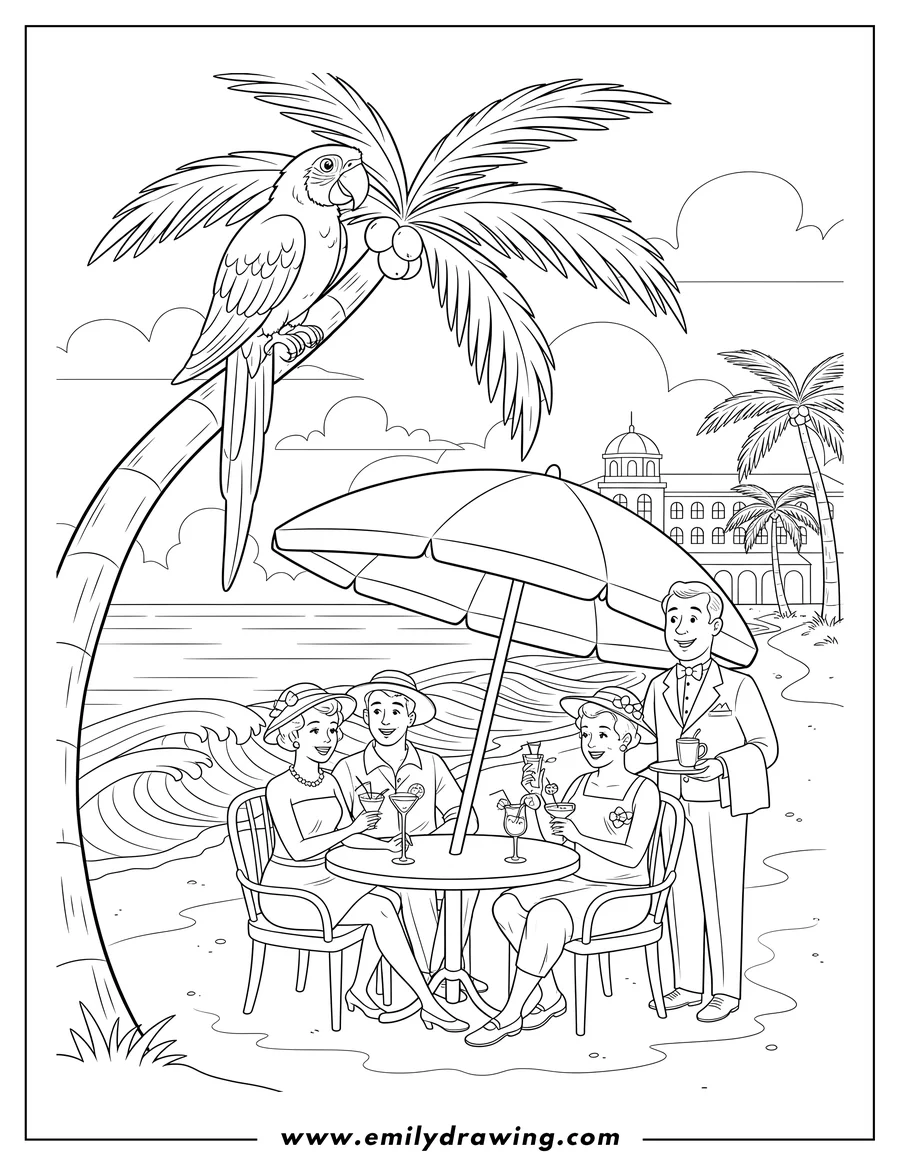 Printable coloring page of vintage Florida Resort Beach Scenery, with a parrot on a branch, people dining, and a waiter