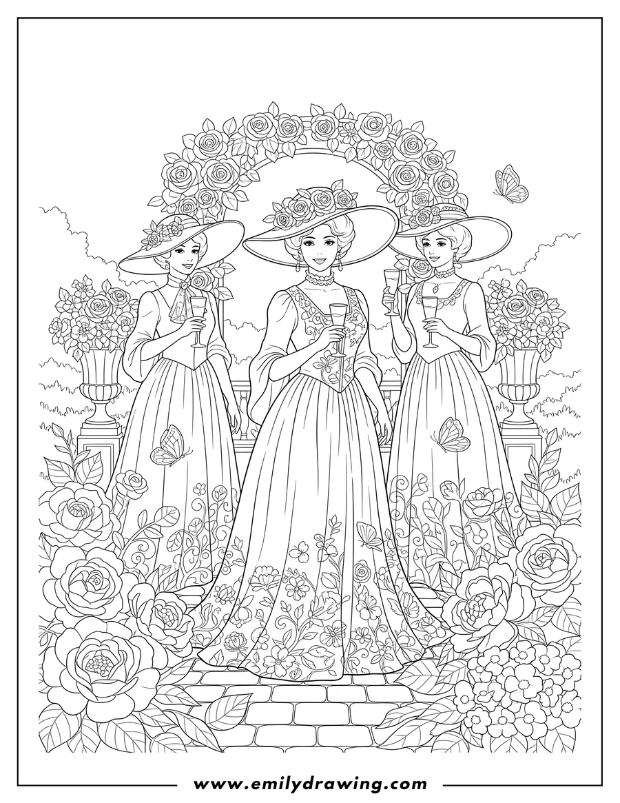 Downloadable coloring page of vintage Garden Party with Elegant Women in Hats holding Champagne Flutes, surrounded by Flowers