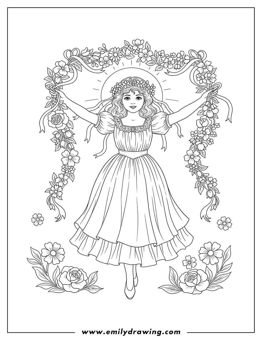 Clean line drawing: vintage Garland May Day Illustration of a girl with outstretched arms