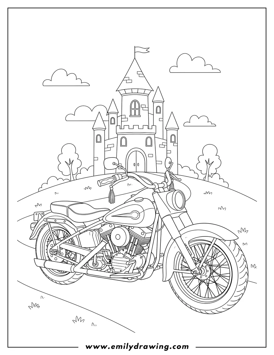 Coloring page of vintage Harley Davidson Motorcycle parked on a road outside a castle