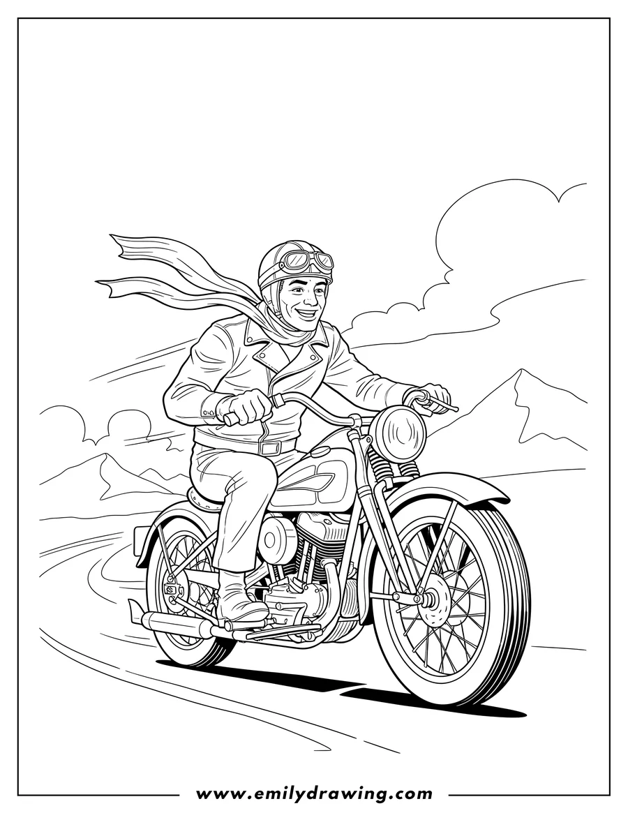 Outline drawing of vintage Harley Davidson Poster, a man riding with a scarf flying