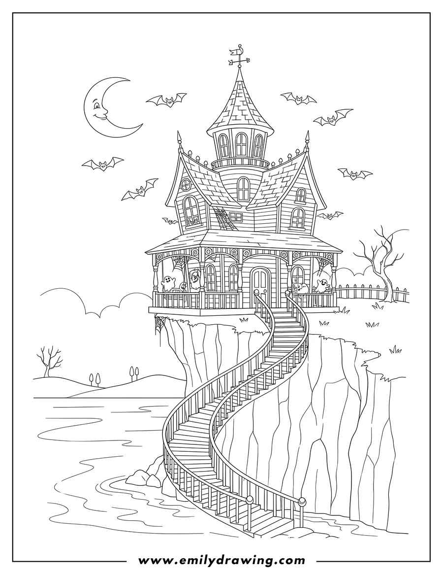 High quality printable vintage Haunted House with an ornate porch over a cliff and a winding staircase, with calm waters and bats in the sky for coloring