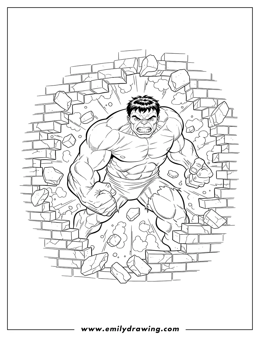 Coloring page for kids: vintage Incredible Hulk, angry, bursting through a wall