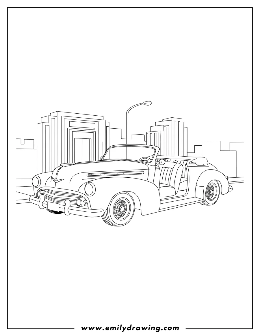 Coloring page of vintage Lowrider Convertible Parked City