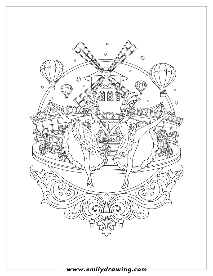 Printable line art of vintage Moulin Rouge poster featuring dancing women, a windmill, and carousel figures