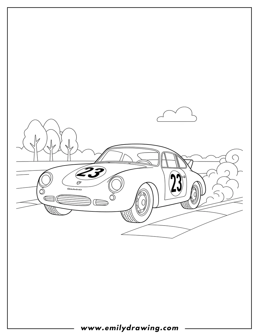 Coloring sheet featuring vintage Porsche Race Car with number 23 driving